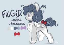 Size: 577x408 | Tagged: safe, artist:frigidmare, artist:torridline, derpibooru import, oc, oc:frigid, hybrid, pegasus, pony, zebra, bow, chest fluff, curly hair, ear fluff, ears, ears up, female, fluffy, fluffy mane, fluffy tail, happy, leg fluff, mare, pegazeeb, reference sheet, smiling, solo, tail, wings, zebra oc