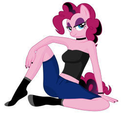 Size: 4840x4518 | Tagged: safe, artist:lexx disaster, derpibooru import, edit, pinkie pie, anthro, anonymous editor, bare shoulders, blue eyes, bracelet, choker, clothes, denim, denim shorts, eyeshadow, female, gothic pinkie, jewelry, looking at you, makeup, nail polish, pink hair, pink mane, shorts, simple background, socks, solo, transparent background, tube top