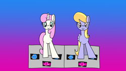 Size: 1920x1080 | Tagged: safe, artist:platinumdrop, derpibooru import, azure velour, cloud kicker, pacific glow, twinkleshine, pegasus, pony, unicorn, dance dance revolution, dancing, duo, female, gradient background, mare, request