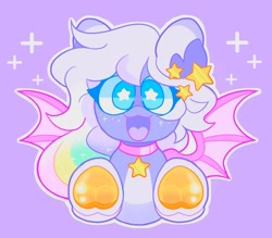Size: 2048x1792 | Tagged: safe, artist:swirlseypop, derpibooru import, oc, oc only, bat pony, pony, bat pony oc, bat wings, commission, looking at you, open mouth, open smile, purple background, simple background, smiling, smiling at you, solo, spread wings, starry eyes, stars, underhoof, wingding eyes, wings, ych result