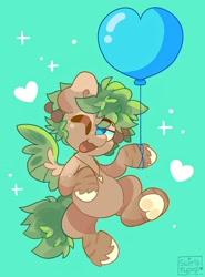 Size: 1512x2048 | Tagged: safe, artist:swirlseypop, derpibooru import, oc, oc only, pegasus, pony, balloon, commission, green background, heart, jewelry, looking at you, necklace, one eye closed, open mouth, open smile, pegasus oc, simple background, smiling, smiling at you, solo, underhoof, wink, winking at you, your character here