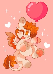 Size: 1492x2048 | Tagged: safe, artist:swirlseypop, derpibooru import, oc, oc only, pegasus, pony, balloon, chest fluff, commission, heart, leonine tail, looking at you, one eye closed, open mouth, open smile, pegasus oc, simple background, smiling, smiling at you, solo, spread wings, tail, underhoof, wings, wink, winking at you, your character here