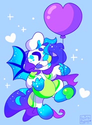 Size: 1518x2048 | Tagged: safe, artist:swirlseypop, derpibooru import, oc, oc only, bat pony, pony, balloon, bat pony oc, bat wings, blue background, commission, fangs, heart, looking at you, one eye closed, open mouth, open smile, simple background, smiling, smiling at you, solo, spread wings, underhoof, wings, wink, winking at you, your character here