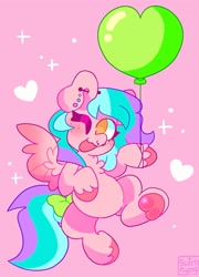 Size: 1478x2048 | Tagged: safe, artist:swirlseypop, derpibooru import, oc, oc only, pegasus, pony, balloon, commission, ear piercing, heart, looking at you, nose piercing, one eye closed, open mouth, open smile, pegasus oc, piercing, pink background, simple background, smiling, smiling at you, solo, spread wings, underhoof, wings, wink, winking at you, your character here