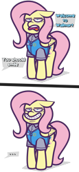 Size: 3333x7271 | Tagged: safe, artist:threetwotwo32232, derpibooru import, fluttershy, pegasus, pony, ..., 2 panel comic, comic, female, fluttertroll, forced smile, grin, mare, offscreen character, open mouth, simple background, smiling, solo, transparent background, walmart