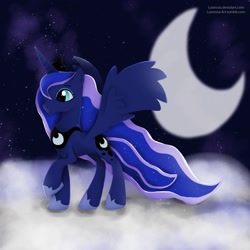 Size: 2000x2000 | Tagged: safe, artist:nnaly, derpibooru import, princess luna, alicorn, pony, cloud, crescent moon, high res, moon, on a cloud, solo, spread wings, standing on a cloud, wings