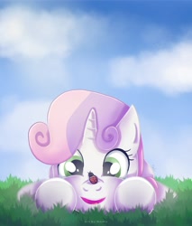 Size: 2650x3108 | Tagged: safe, artist:nnaly, derpibooru import, sweetie belle, insect, ladybug, pony, unicorn, cloud, cute, daaaaaaaaaaaw, diasweetes, female, filly, foal, grass, happy, high res, insect on nose, lying down, open mouth, open smile, prone, smiling, solo, underhoof, uvula, weapons-grade cute