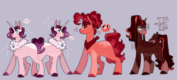 Size: 1280x576 | Tagged: safe, artist:palpine, derpibooru import, oc, oc only, oc:chocolate truggle, oc:cinnamon spice, oc:jamboree pie, oc:parfait, earth pony, pegasus, pony, unicorn, magical threesome spawn, multiple parents, offspring, parent:donut joe, parent:pinkie pie, parent:saffron masala, siblings, twins