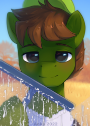 Size: 2500x3500 | Tagged: safe, artist:anku, derpibooru import, oc, oc only, earth pony, solo, squeegee, water, window