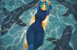 Size: 3200x2100 | Tagged: safe, artist:mashiro, derpibooru import, oc, oc only, oc:depth chaser, anthro, shark, unicorn, breasts, crotch bulge, female, futa, intersex, ocean, solo, solo female, surfboard, water, wetsuit