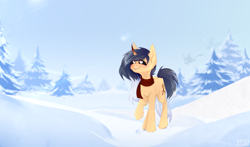 Size: 2500x1474 | Tagged: safe, artist:kutoshi, derpibooru import, oc, oc only, pony, unicorn, chest fluff, clothes, ear fluff, ears, female, forest background, mare, scarf, snow, solo, winter