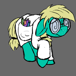 Size: 600x600 | Tagged: safe, artist:thebathwaterhero, derpibooru import, oc, oc:crystal lattice, earth pony, pony, clothes, cyoa:landfall, ears, ears back, floppy ears, glasses, lab coat, potion, scrunchie, solo, swirly eyes, swirly glasses