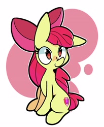Size: 2500x3056 | Tagged: safe, artist:kindakismet, derpibooru import, apple bloom, earth pony, pony, apple bloom's bow, bow, ears, female, filly, floppy ears, foal, hair bow, one ear down, simple background, sitting, solo, white background