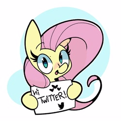 Size: 2500x2500 | Tagged: safe, artist:kindakismet, derpibooru import, fluttershy, pony, female, heart, hoof hold, looking at you, mare, meta, open mouth, simple background, solo, text, twitter, white background