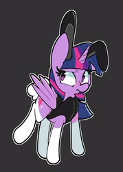 Size: 2500x3500 | Tagged: safe, artist:kindakismet, derpibooru import, twilight sparkle, twilight sparkle (alicorn), alicorn, pony, black background, bunny ears, bunny suit, bunny tail, clothes, female, horn, mare, outline, raised leg, simple background, solo, tail, wings