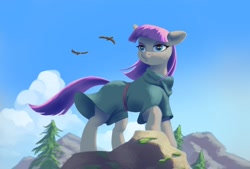 Size: 1620x1094 | Tagged: safe, artist:escapist, derpibooru import, maud pie, bird, earth pony, pony, clothes, dress, ears, eyeshadow, female, floppy ears, makeup, mare, raised hoof, raised leg, rock, solo