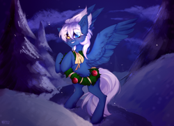 Size: 1854x1348 | Tagged: safe, artist:kutoshi, derpibooru import, oc, oc only, pegasus, pony, christmas wreath, female, mare, snow, solo, wreath