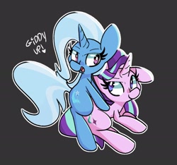 Size: 2500x2344 | Tagged: safe, artist:kindakismet, derpibooru import, starlight glimmer, trixie, pony, unicorn, black background, duo, duo female, exclamation point, female, giddy up, heart, horn, looking at someone, looking up, mare, open mouth, outline, simple background