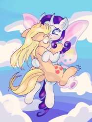 Size: 768x1024 | Tagged: safe, artist:reyam, derpibooru import, applejack, rarity, earth pony, pony, unicorn, sonic rainboom (episode), butterfly wings, cloud, duo, duo female, female, hatless, horn, hug, looking at someone, looking down, mare, missing accessory, scared, shaking, shrunken pupils, sky, traditional art, wings