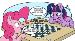 Size: 2594x1437 | Tagged: safe, artist:doodledonutart, derpibooru import, pinkie pie, twilight sparkle, twilight sparkle (alicorn), alicorn, earth pony, pony, atg 2022, chess, comic, dialogue, duo, female, horn, mare, newbie artist training grounds, open mouth, open smile, smiling