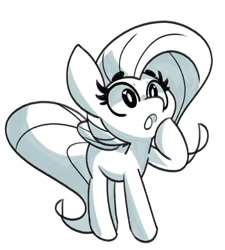 Size: 1600x1778 | Tagged: safe, artist:kindakismet, derpibooru import, fluttershy, pegasus, pony, :o, female, folded wings, grayscale, heart, heart eyes, mare, monochrome, open mouth, raised hoof, raised leg, simple background, solo, white background, wingding eyes, wings