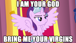 Size: 4049x2282 | Tagged: safe, artist:mlpmvguy, derpibooru exclusive, derpibooru import, starlight glimmer, alicorn, pony, alicornified, caption, crown, high res, i am your god now bring me your virgins, image macro, jewelry, link in description, meme, race swap, regalia, smug, solo, spread wings, starlicorn, text, vector, wings, xk-class end-of-the-world scenario, youtube link, youtube link in the description