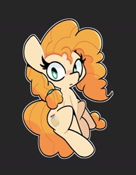 Size: 1409x1814 | Tagged: safe, artist:kindakismet, derpibooru import, pear butter, earth pony, pony, black background, female, looking at you, mare, outline, simple background, sitting, solo