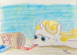 Size: 3832x2747 | Tagged: safe, derpibooru import, oc, oc only, oc:guiding light, pony, unicorn, beach, drinking straw, exhausted, soda, sweat, sweatdrops, traditional art