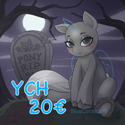 Size: 2048x2048 | Tagged: safe, artist:bluecocoaart, derpibooru import, oc, pony, commission, edgy, goth, grave, gravestone, graveyard, horseshoes, moon, night, outdoors, sitting, solo, your character here