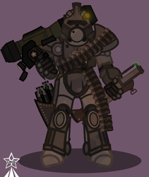Size: 4245x5021 | Tagged: safe, artist:devorierdeos, derpibooru import, oc, oc only, oc:steelhooves, ghoul, undead, fallout equestria, equestria girls, absurd resolution, armor, brown background, grenade launcher, heavy weapons guy, m79, power armor, rocket launcher, shadow, simple background, solo, steel ranger, weapon