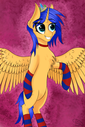 Size: 2000x3000 | Tagged: safe, artist:stravy_vox, derpibooru import, oc, oc only, alicorn, pony, alicorn oc, clothes, crown, horn, jewelry, male, regalia, socks, solo, striped socks, wings