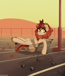 Size: 3000x3500 | Tagged: safe, artist:stravy_vox, derpibooru import, autumn blaze, kirin, autumn leaves, cloven hooves, eyebrows, eyebrows visible through hair, eyelashes, female, fence, high res, horn, leaf, leaves, mare, parking lot, shopping cart, solo, tail