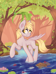 Size: 3000x4000 | Tagged: safe, artist:stravy_vox, derpibooru import, derpy hooves, pegasus, pony, bag, female, forest, frown, high res, i just don't know what went wrong, letter, lilypad, mailbag, mare, river, solo, water