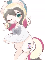 Size: 1494x2007 | Tagged: safe, artist:ginmaruxx, artist:kuzuyukuro, derpibooru import, oc, oc only, earth pony, pony, bipedal, blush sticker, blushing, bowtie, clothes, eye clipping through hair, female, hat, looking at you, mare, one eye closed, open mouth, open smile, simple background, smiling, smiling at you, solo, sparkles, white background, wink, winking at you