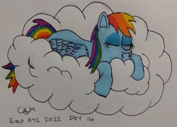 Size: 2791x2004 | Tagged: safe, artist:rapidsnap, derpibooru import, rainbow dash, cloud, nap, on a cloud, simple background, sleeping, sleeping on a cloud, solo, traditional art, white background