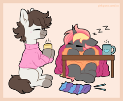 Size: 1500x1227 | Tagged: safe, artist:pink-pone, derpibooru import, oc, oc only, earth pony, pony, unicorn, blanket, clothes, duo, knitting needles, mug, onomatopoeia, sleeping, sound effects, sweater, table, zzz