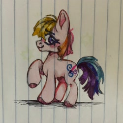 Size: 3024x3010 | Tagged: safe, artist:breakcqrpse, derpibooru import, toola roola, earth pony, pony, g3, g3.5, blue eyes, blushing, embarrassed, female, filly, foal, lined paper, looking at you, marker drawing, multicolored hair, pink coat, rainbow hair, raised hoof, raised leg, simple background, solo, traditional art, worried smile