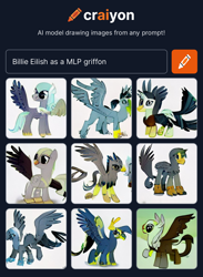 Size: 1162x1588 | Tagged: safe, derpibooru import, machine learning generated, griffon, billie eilish, craiyon, dall·e mini, griffonized, species swap