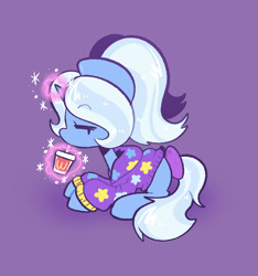 Size: 867x925 | Tagged: safe, artist:typhwosion, derpibooru import, trixie, pony, unicorn, abstract background, alternate hairstyle, babysitter trixie, bow, clothes, cute, diatrixes, eyes closed, female, glowing, glowing horn, hoodie, horn, magic, sipping, solo, tail, tail bow, telekinesis
