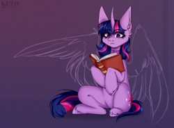 Size: 3172x2334 | Tagged: safe, artist:kutoshi, derpibooru import, twilight sparkle, unicorn twilight, pony, unicorn, book, cheek fluff, curved horn, ear fluff, ears, ethereal wings, female, mare, reading, sitting, solo, wings