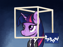 Size: 1125x844 | Tagged: safe, artist:ahorseofcourse, derpibooru import, twilight sparkle, unicorn twilight, pony, unicorn, bust, clothes, cube, female, mare, necktie, solo, song reference, suit, talking heads