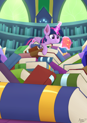 Size: 1422x2000 | Tagged: safe, artist:arcane-thunder, derpibooru import, twilight sparkle, twilight sparkle (alicorn), alicorn, pony, atg 2022, book, book nest, bookhorse, library, magic, newbie artist training grounds, pile of books, solo, telekinesis, twilight's castle, twilight's castle library