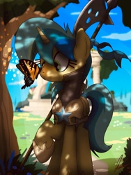 Size: 3000x4000 | Tagged: safe, artist:flaremoon, derpibooru import, oc, oc only, oc:mercury haze, butterfly, pony, unicorn, armor, butterfly on nose, dappled sunlight, female, guardsmare, halberd, insect on nose, mare, royal guard, solo, tree, weapon
