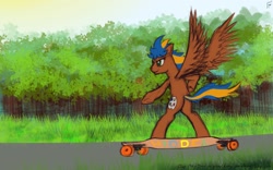 Size: 1920x1200 | Tagged: safe, artist:hiddelgreyk, derpibooru import, oc, oc only, pegasus, pony, bipedal, brown coat, butt, grass, grass field, longboard, outdoors, pegasus oc, plot, road, signature, skateboard, skateboarding, tree