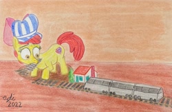 Size: 4032x2629 | Tagged: safe, artist:opti, derpibooru import, apple bloom, earth pony, pony, apple bloom's bow, atg 2022, bow, conductor hat, female, filly, foal, hair bow, hat, house, model train, newbie artist training grounds, solo, traditional art, train, train tracks, tree