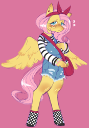 Size: 1555x2240 | Tagged: safe, artist:gobstopper, derpibooru import, fluttershy, pegasus, pony, bipedal, blushing, bracelet, cute, daaaaaaaaaaaw, ear piercing, earring, female, jewelry, piercing, pink background, short hair, shyabetes, simple background, solo, spread wings, wings