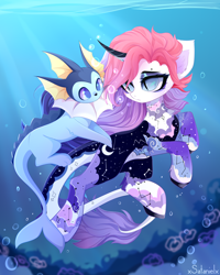 Size: 4000x5000 | Tagged: safe, artist:xsatanielx, derpibooru import, oc, oc only, oc:azur diamond, pony, unicorn, blue eyes, bubble, clothes, crepuscular rays, curved horn, digital art, eyebrows, fish tail, flowing mane, high res, horn, looking at each other, looking at someone, ocean, pokémon, rcf community, signature, solo, sunlight, swimming, tail, underwater, vaporeon, water