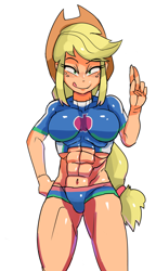 Size: 2606x4533 | Tagged: safe, artist:baigak, derpibooru import, applejack, equestria girls, abs, applejack's hat, applejacked, applerack, big breasts, breasts, clothes, cowboy hat, female, freckles, hand on hip, hat, looking at you, muscles, simple background, solo, swimsuit, tight clothing, tongue, tongue out, white background