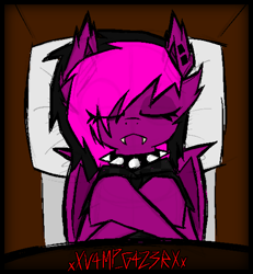 Size: 1014x1096 | Tagged: safe, artist:xxv4mp_g4z3rxx, derpibooru import, oc, oc only, oc:violet valium, bat pony, pony, bat pony oc, bat wings, closed mouth, clothes, coffin, collar, crossed arms, crossed hooves, crossed legs, ear piercing, emo, eyelashes, eyeliner, eyes closed, eyeshadow, fangs, female, folded wings, hair over one eye, hoodie, hooves to the chest, makeup, mare, piercing, pillow, signature, sleeping, solo, spiked collar, two toned mane, wings