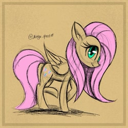 Size: 689x689 | Tagged: safe, derpibooru import, part of a set, fluttershy, pegasus, pony, colored sketch, female, folded wings, looking at you, mare, profile, raised hoof, raised leg, sketch, smiling, solo, textured background, wings